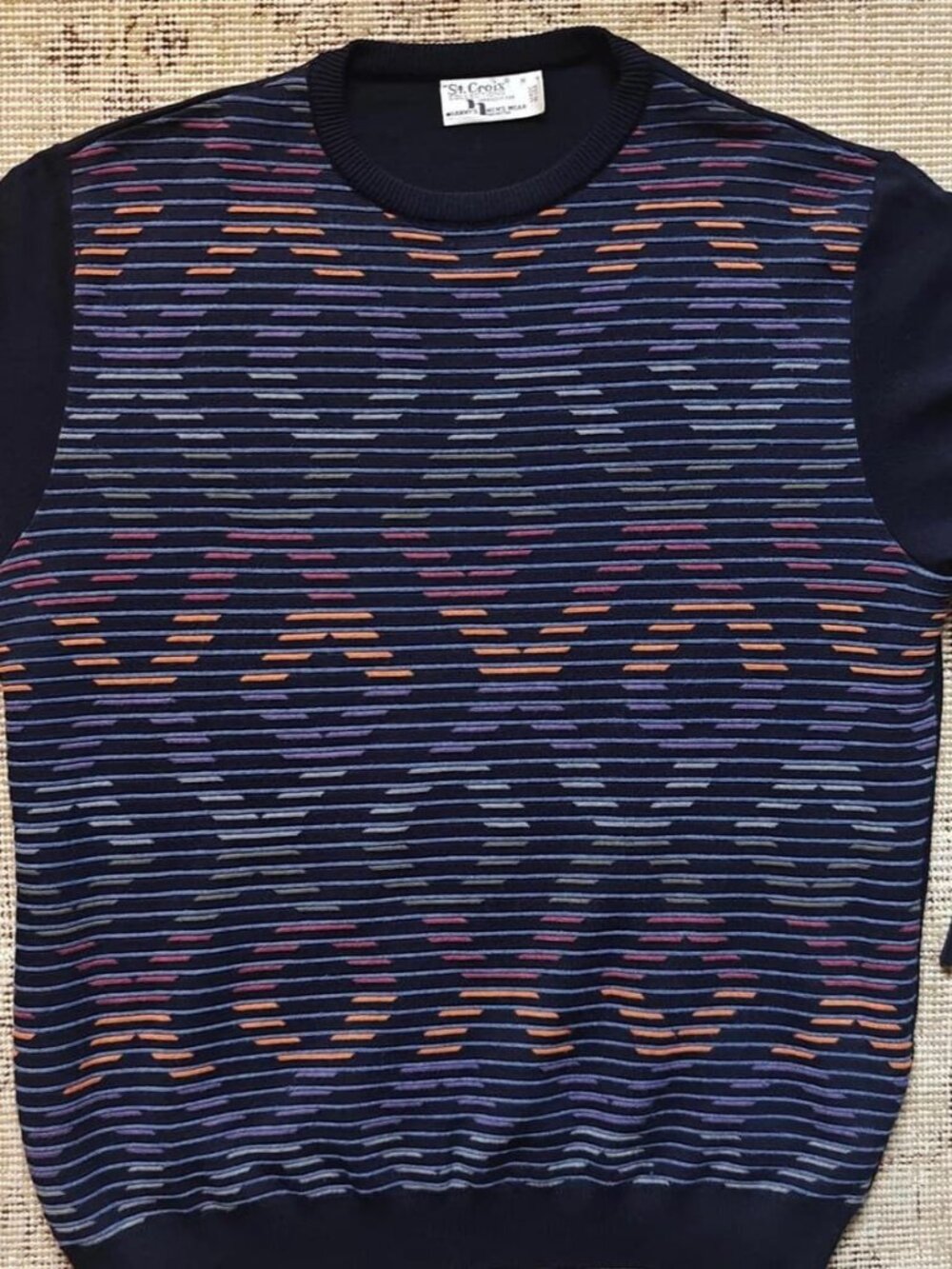 St. Croix Men's Navy/Purple/Green Geometric Wool Blend Lightweight Sweater
